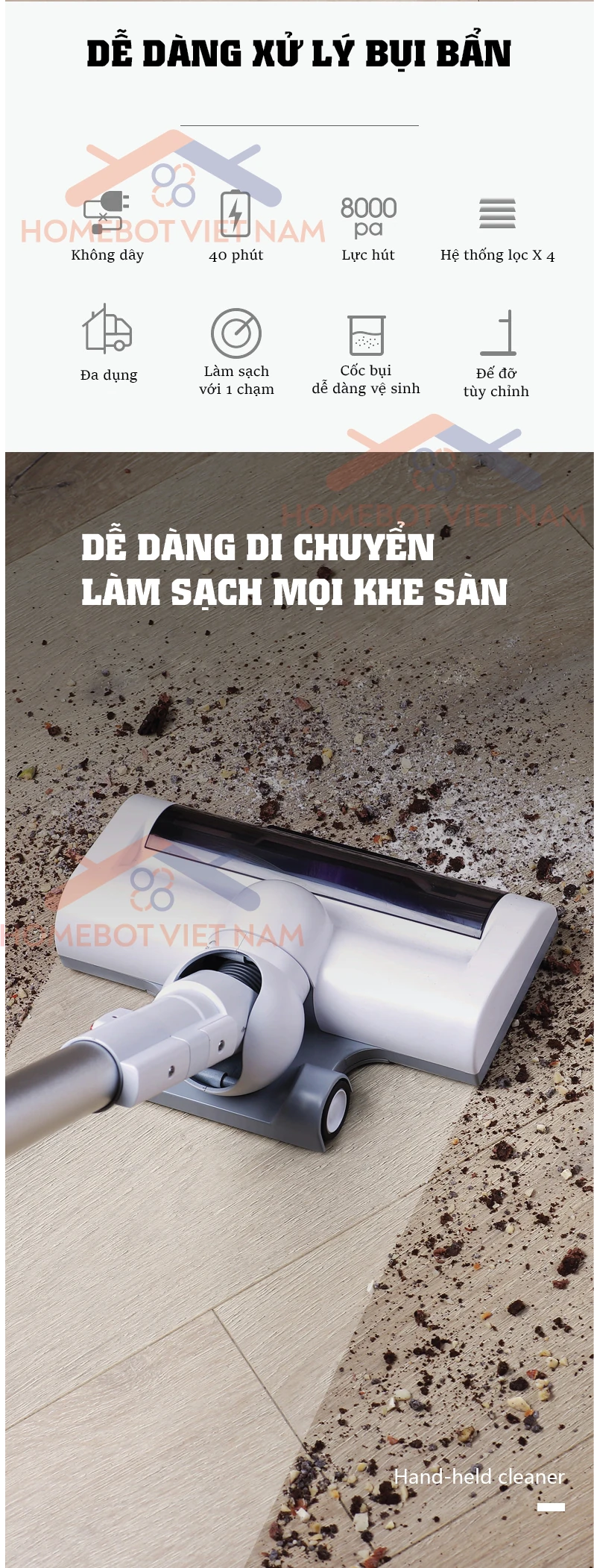 Máy hút bụi TCL TXC-XD150K xử lý bụi bẩn một cách dễ dàng.