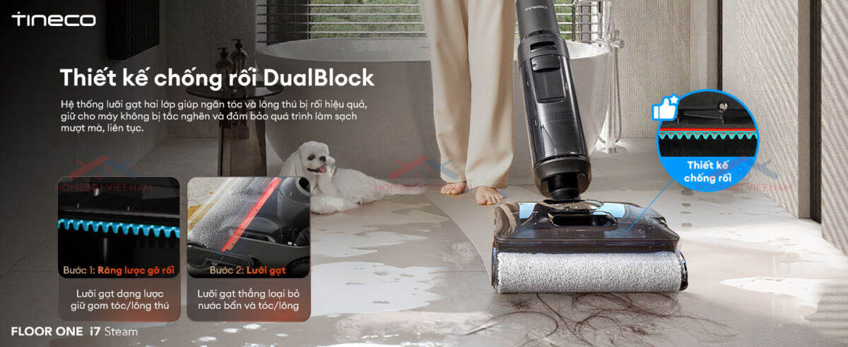 Công nghệ chống rối DualBlock xóa tan nỗi lo tóc rối trên máy hút bụi lau sàn khô ướt i7 Steam