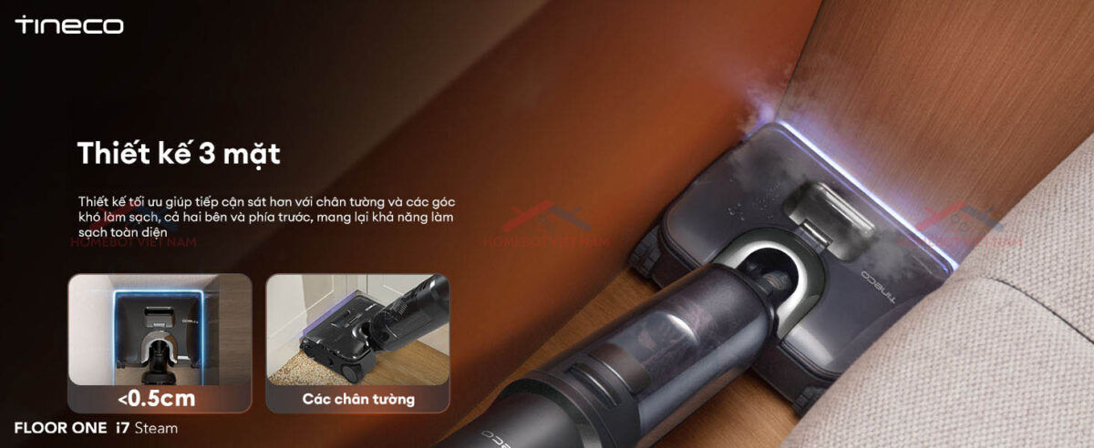 Máy hút bụi Tineco i7 Steam giải quyết triệt để các dải bụi bẩn bám dọc chân tường hoặc trong các góc khuất 