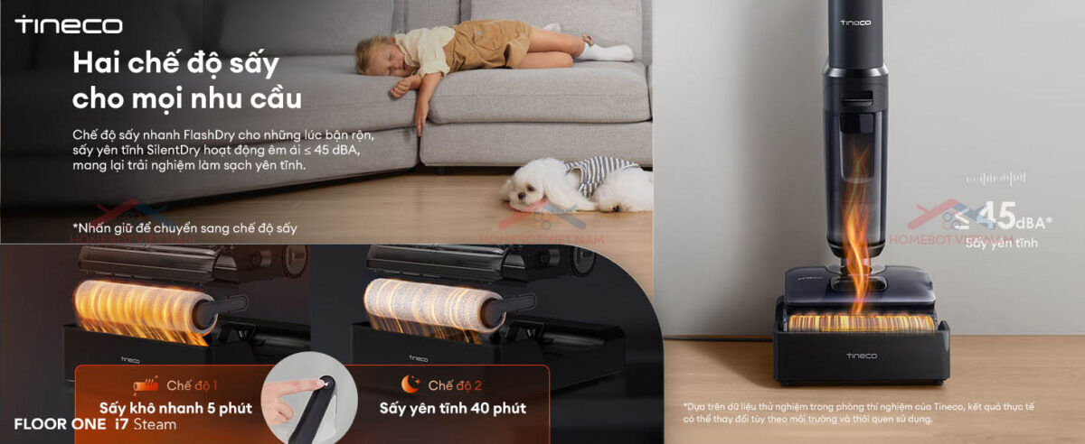 máy lau sàn khô ướt Tineco FLOOR ONE i7 Steam với hai tùy chọn sấy khô chuyên biệt