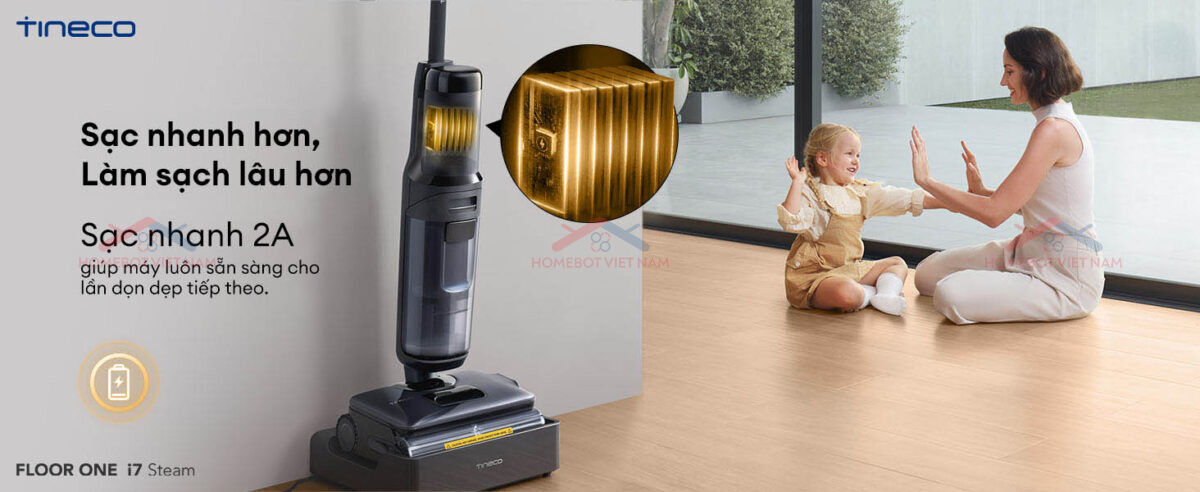 Máy hút bụi lau sàn khô ướt Tineco FLOOR ONE i7 Steam trang bị công nghệ sạc nhanh 2A tiên tiến